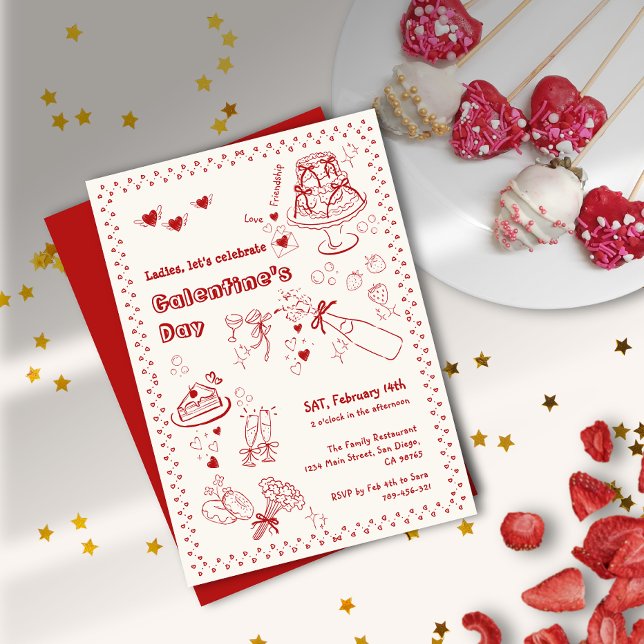 DIMISK DAGS Kakaj Flower Galentine's Day Party Inbjudningar (Whimsical Doodle Cake Flower Galentine's Day Party Invitation)