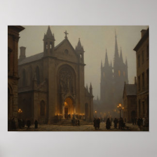 Dimma Cathedral Street Impressionistisk Oljemålnin Poster