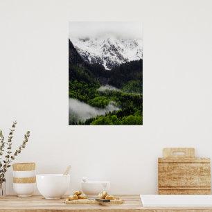 Dimma rullar genom skog nedanför bergen poster