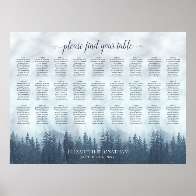 Dimmbla blå tallar 27 Bordets bröllopsplatskarta Poster (Framsidan)