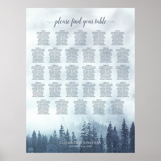 Dimmblå tallar 28 Bord Bröllopsplatskarta Poster (Framsidan)