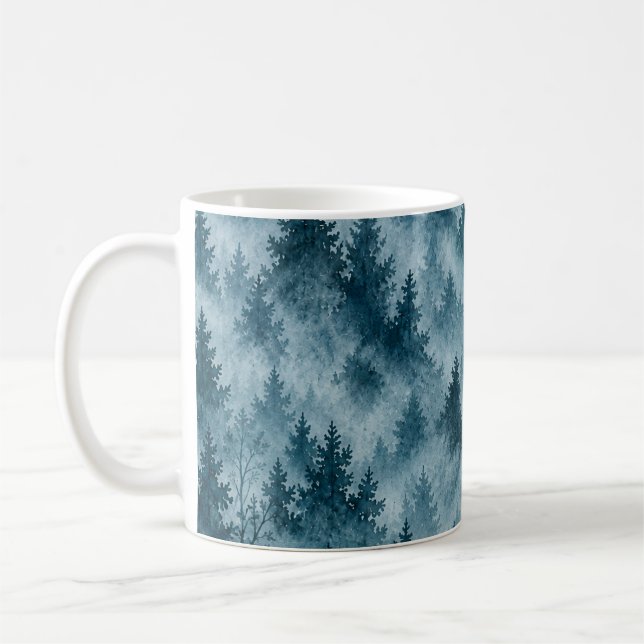 Dimmblå tallskogs vattenfärg mönster kaffemugg (Vänster)