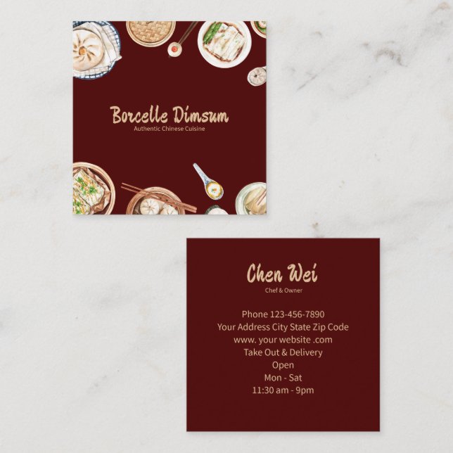 Dimsum, vattenfärg fyrkantigt visitkort (Fram/baksida)