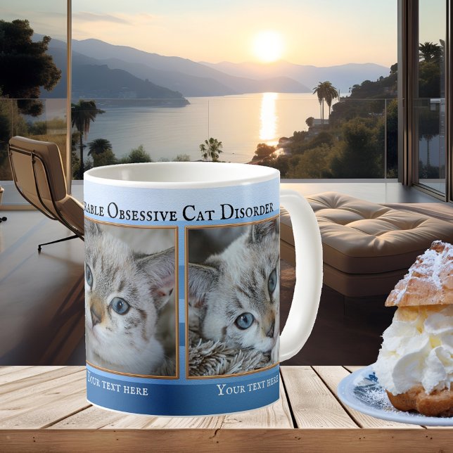 Din 3-cute Cat Foton Blue Stripe Mugg (Funny cat lover mug featuring your photos framed by a blue striped design with gold - crazy cat lady)