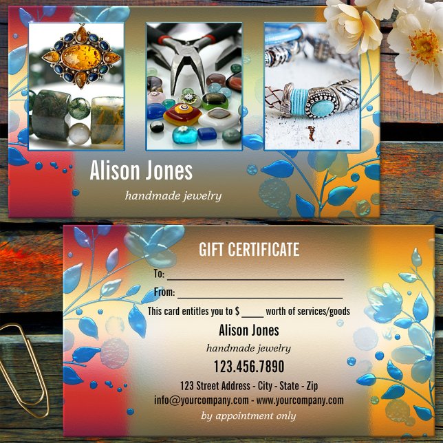 Din 3-fotofärgade Blommigt Juelry Gift Busines Visitkort (Artisan crafts or jewelry business card featuring your photos framed by a colorful floral design)