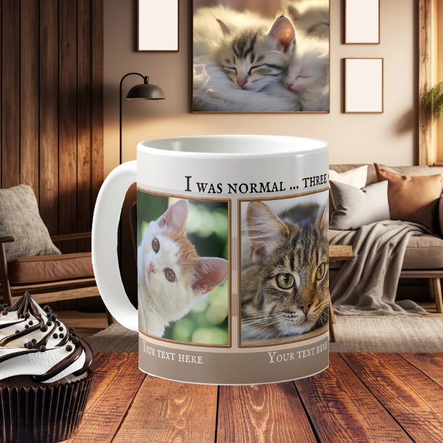 Din 3-funniga fotfotonfoto Beige Ivory Stripe Mugg (Funny cat mug featuring your photos framed by a beige ivory striped design with golden lining)