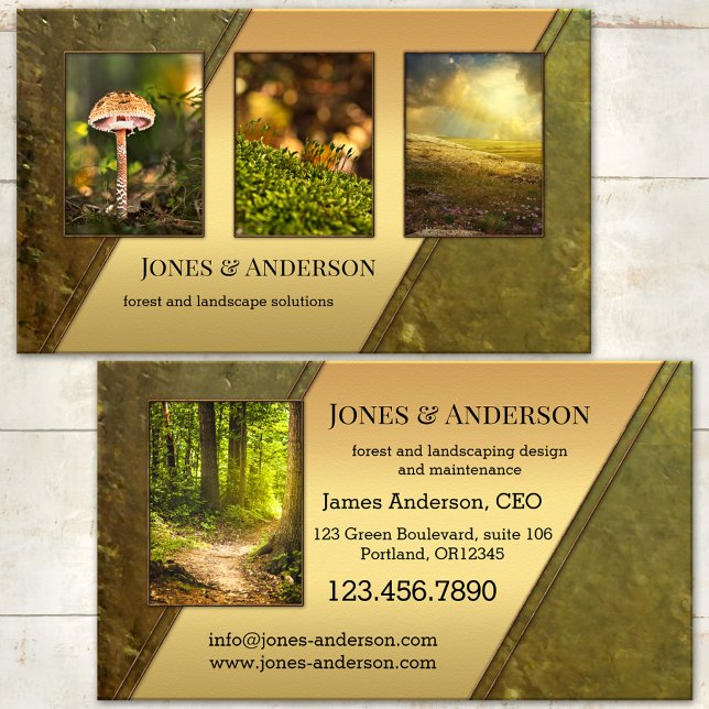Din 4 bilder skogslandskapsportfolio visitkort (Green gold nature inspired business card - gardening - gardener - landscaping - outdoors)