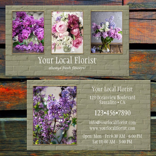 Din 4-foto-Grönt - bricka väggflorist-portfölj Visitkort (Business card featuring your own custom photos framed by a green brick wall - florist - gardener)