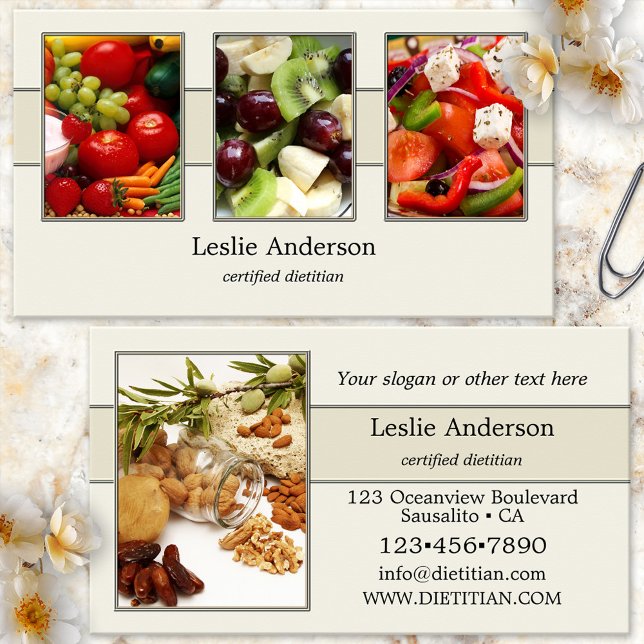 Din 4-fotodietitiska eller neutrionistiska Elegant Visitkort (Health coach or dietitian/nutritionist business card showing your photos on an elegant cream design)