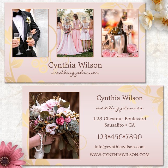 Din 4 Fotos Blush Guld Bröllopsplanering Visitkort (Wedding planner business card - chic gold floral on feminine pink with custom photos - event planner)