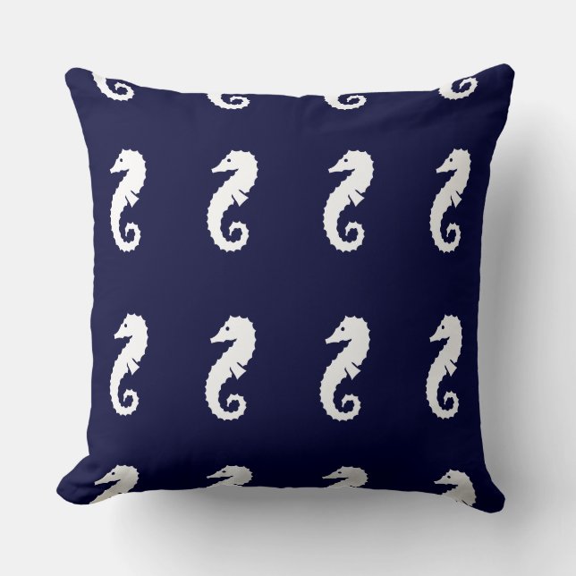 Din Anpassningsbar SEAHORSE WHITE on NAVY BLUE PIL Kudde (Framsida)
