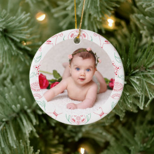 Din Baby Photo ANPASSNINGSBAR Nordic Red White-jul Julgransprydnad Keramik
