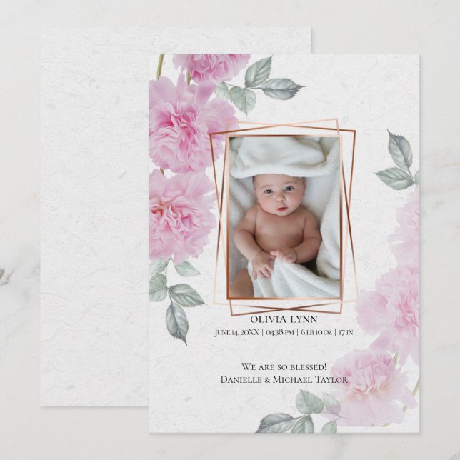 Din Baby Photo Romantic Rosa Peonies Ris Papper Inbjudningar (Fram/baksida)