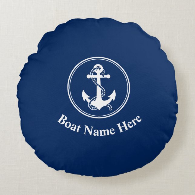 Din båt Namn med Rope och Anchor Navy Blue Rund Kudde (Framsidan)