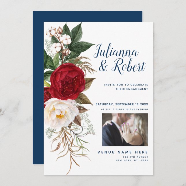 Din Blommigt för foto med vattenfärg - marin burgu Inbjudningar (Fram/baksida)