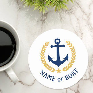 Din Boat Namn Anchor Guld Laurel Star White Underlägg Papper Rund
