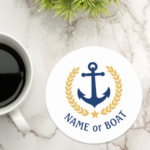 Din Boat Namn Anchor Guld Laurel Star White Underlägg Papper Rund