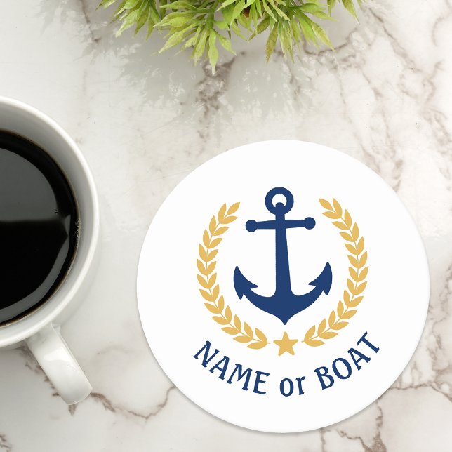 Din Boat Namn Anchor Guld Laurel Star White Underlägg Papper Rund (Skapare uppladdad)