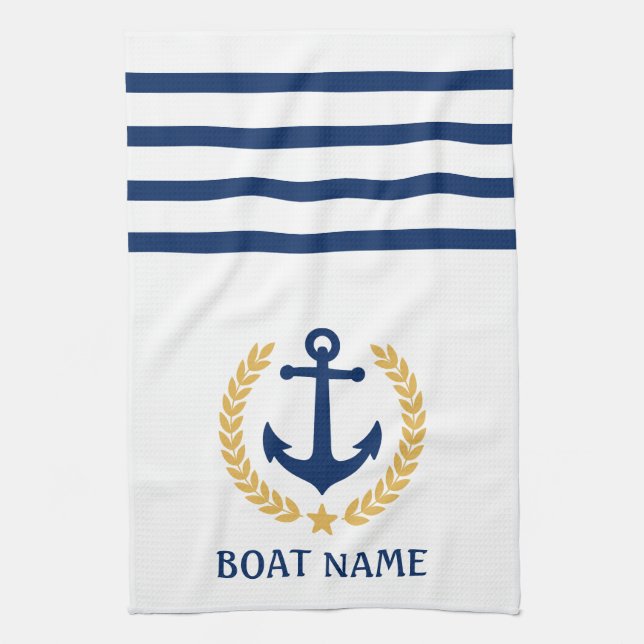 Din Boat Namn Anchor Guld Stil Laurel White Kökshandduk (Vertikal)