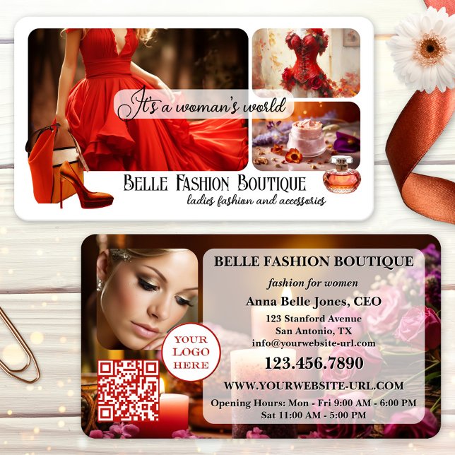 Din Design Kvinnomodehandel Visitkort (Women's fashion beauty or boutique business card featuring a collage of your own custom photos)
