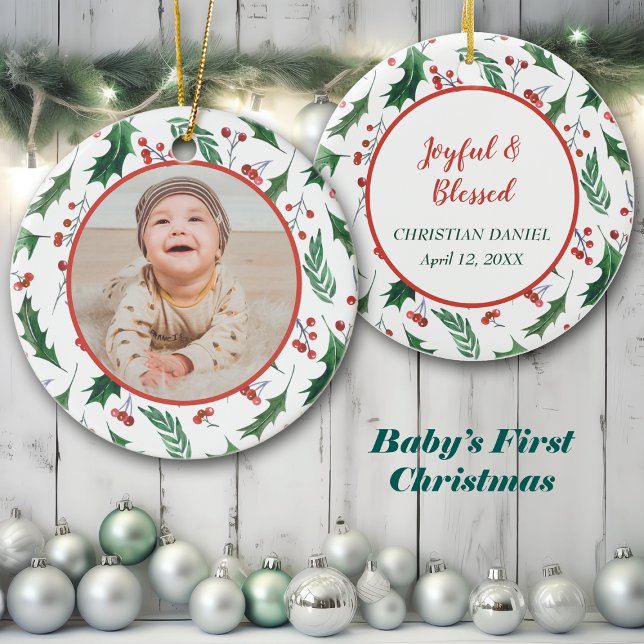 Din egen fotomall Red Berry Holly Gräns Julgransprydnad Keramik (Skapare uppladdad)