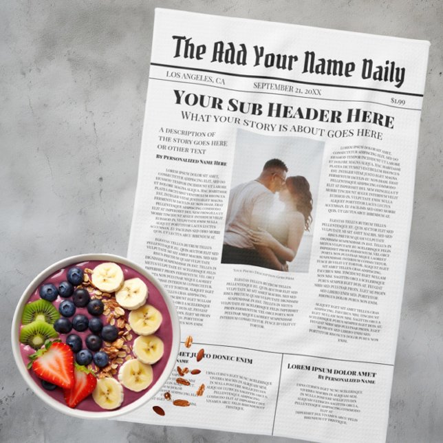Din egen nyhetsartikel för Front Page-Personlig Kökshandduk (Your Own Front Page News Story Photo Personalized Kitchen Towel from Ricaso. Make your own paper)