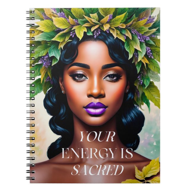 Din energi är Helig Black Woman Botanical Art Anteckningsbok (Framsidan)
