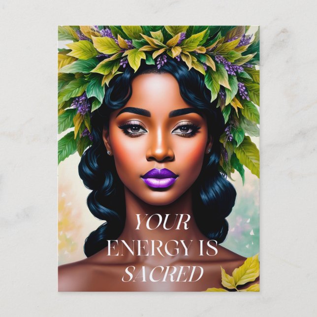 Din energi är Helig Black Woman Botanical Art Vykort (Framsida)