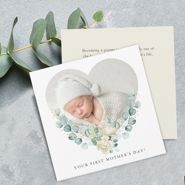 Din första Blommigt Hjärtfoto-Mors dag-platta Kort (Your First Floral Heart Photo Mother's Day Flat Card)