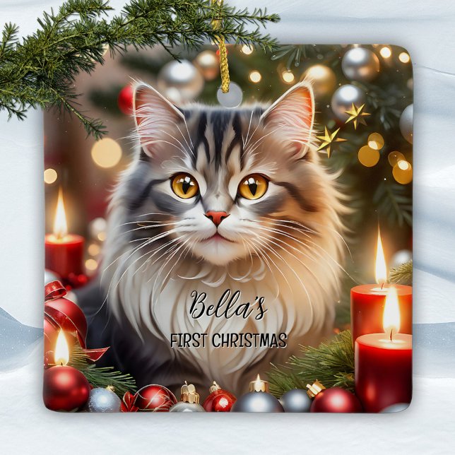 Din första fotoklapp julgransprydnad keramik (Christmas ornament featuring your custom cat (or other) photo with optional gold stylized stars)