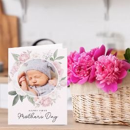 Din Första Mors Dag Peony Blommor Foto Kort