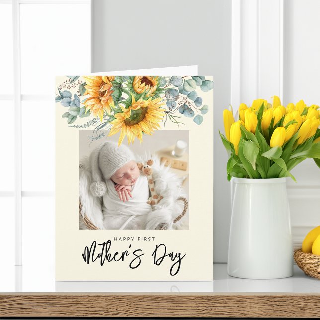 Din första mors dag Solros Grönska Foto Kort (Your First Mother's Day Sunflower Greenery Photo Card)
