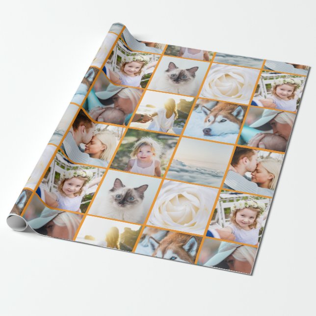 Din Foto Anpassad Rutnätscollage Orange Presentpapper (Utrullad)