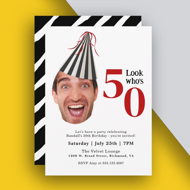 Din Foto med Födelsedags hatt Roliga 50-årsfirande Inbjudningar (Personalize this fun 50th birthday party invite with your photo and party details.)