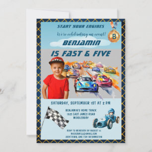 Din Foto Pojke Auto Bil Racing Tema 5-årsdag Inbjudningar