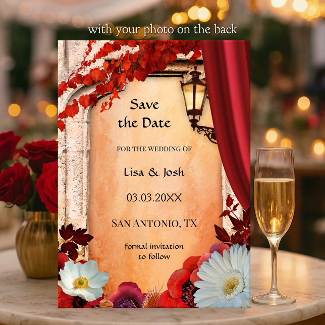 Din fotoklassiska Blommigt sparar inte datumkortet Inbjudningar (Save the Date card featuring a classic Italian Mediterranean fall design with lantern and flowers)