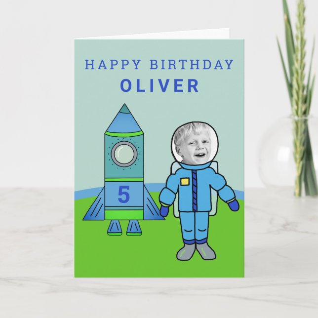Din fotomatjute Astronaut Boy Rocket Birthday Kort (Framsida)