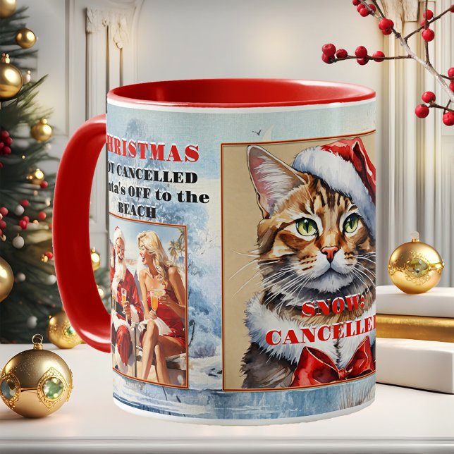 Din fotoutsiga Cat-jul avbröts Kaffemugg (Funny watercolor Santa off to the beach Christmas mug - or add your own photos!)