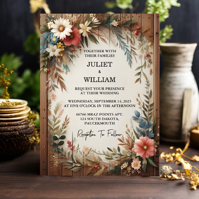 Din Garden Blommigt Vår Wood Boho Rustic Bröllop Inbjudningar (Skapare uppladdad)
