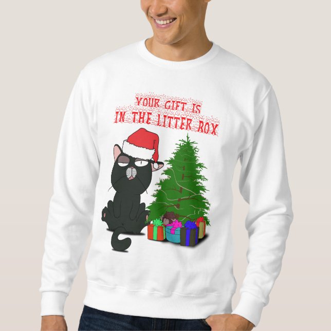DIN GIFT FINNS I LITTER BOX, Meowy Catmas Gift Lång Ärmad Tröja (Framsida)