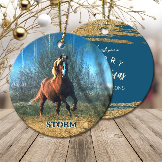 Din hästfotojul guld glitter julgransprydnad keramik (Your horse photo Christmas gold glitter Ceramic Ornament)