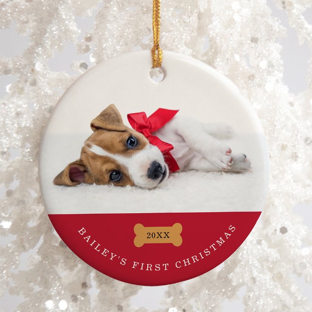 Din Hund första jul | Röd med två foton Julgransprydnad Keramik (Skapare uppladdad)