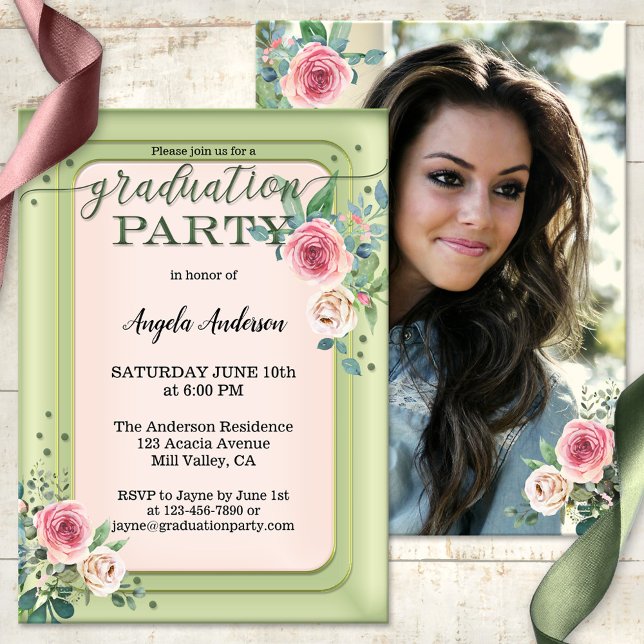 Din inbjudan till Photo Girly Ro-skript Studenten (Elegant script graduation party invitation featuring your own photo with a watercolor rose)