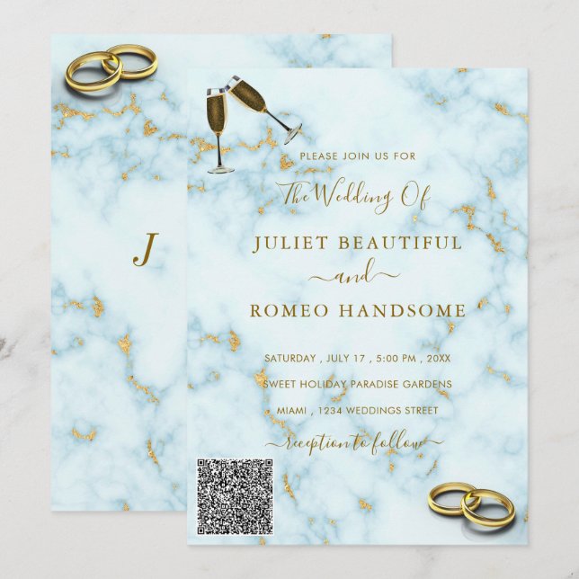 Din inbjudan till QR-koden Guld White Marble Weddi (Fram/baksida)
