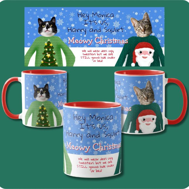 Din katter i Anpassningsbarna Lättare julsötare Fo Mugg (Add your cats faces to a cats in Ugly Christmas Sweaters mug. Personalized their manes and greeting )