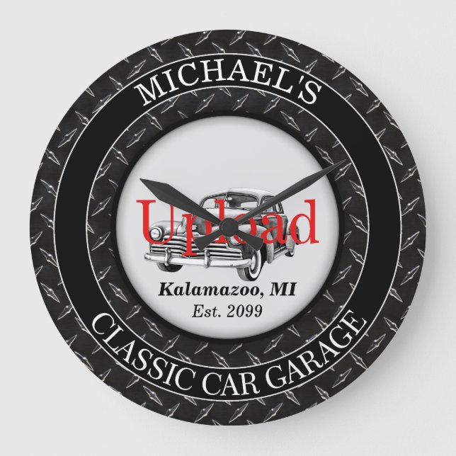 Din Klassiska Bil Fotouppladdning Väggtimme Stor Klocka (Framsida)