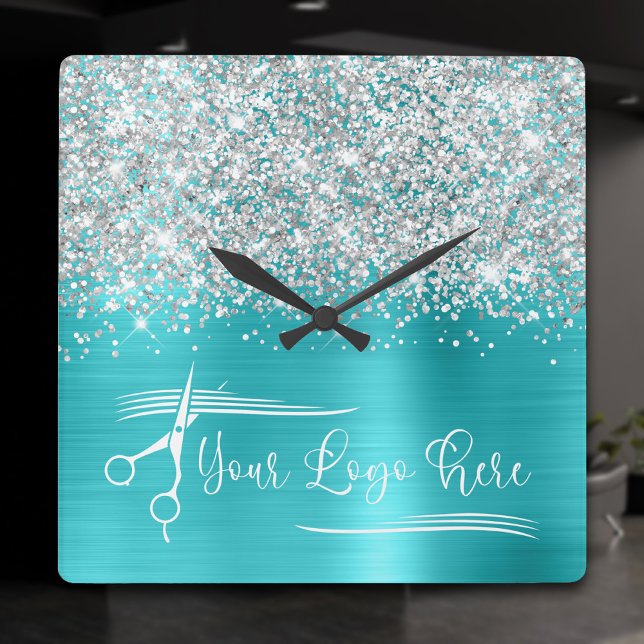 Din Logo Silver Glitter Turkos Blå Glam Fyrkantig Klocka (Your Logo Silver Glitter Turquoise Blue Glam Square Wall Clock)