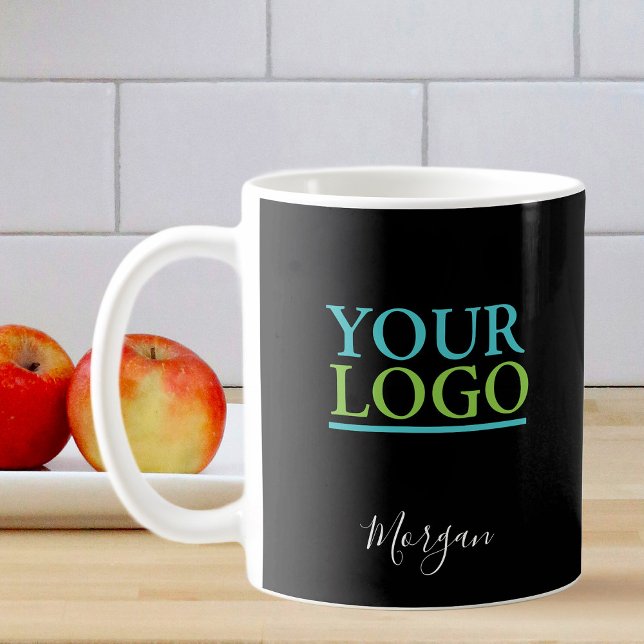 Din Logotyp/bild/foto, Namn White Script, Black Kaffemugg (Skapare uppladdad)