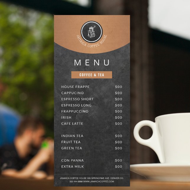 Din logotyp Cafeteria-meny för svart kopparkrita Reklamkort (Skapare uppladdad)
