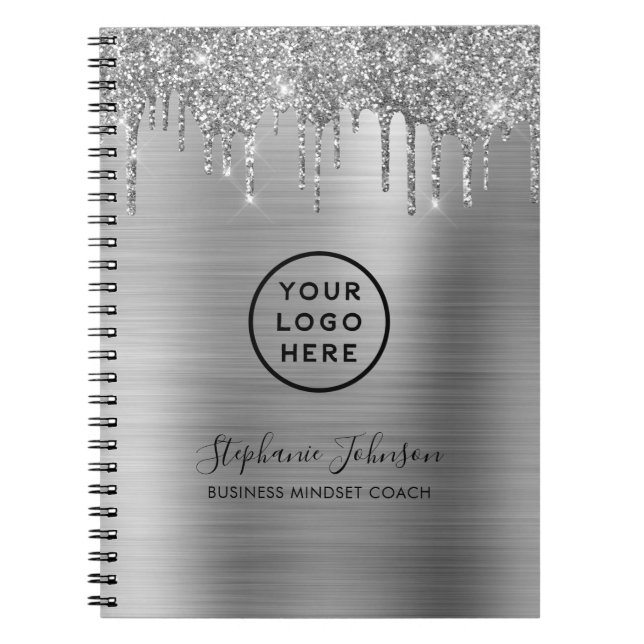 Din Logotyp Elegant Silver Metallic Glitter Drift Anteckningsbok (Framsidan)